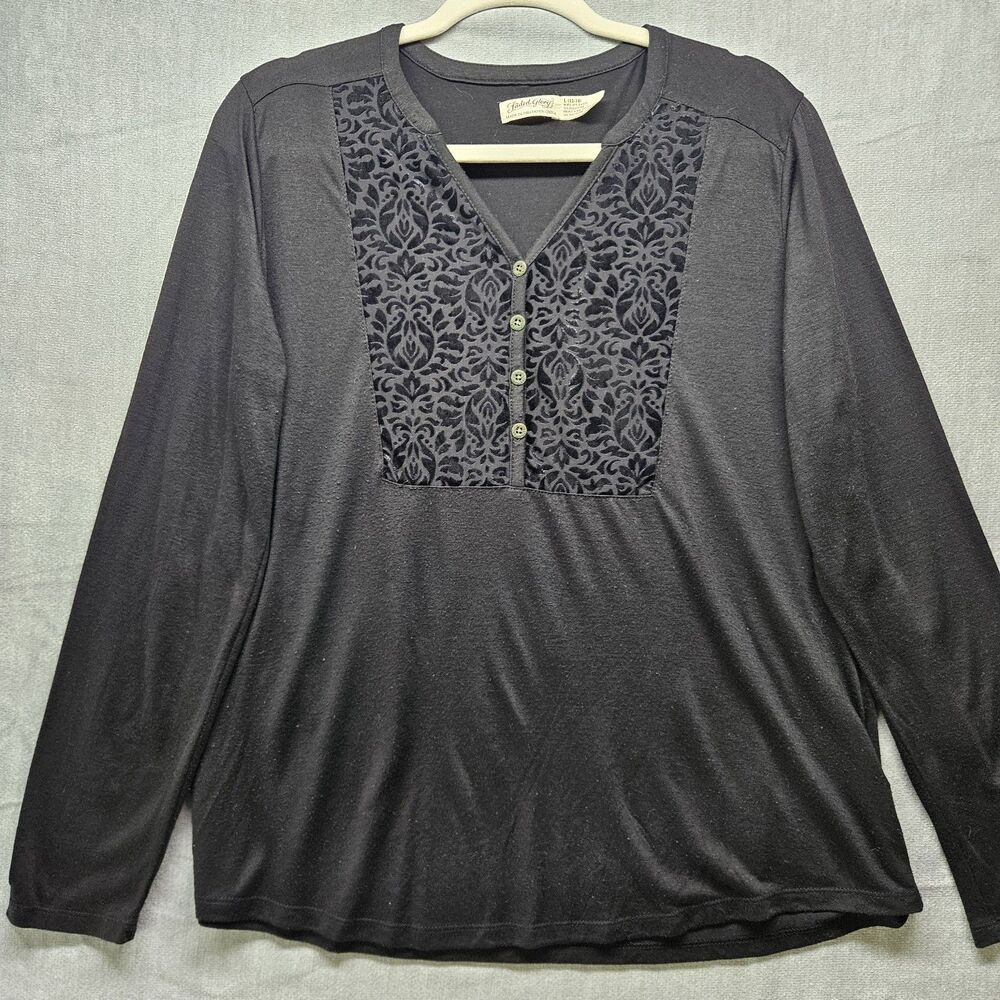 Faded Glory Black Longlsleeve Shirt Womens Size Large Velvet Detail Henley